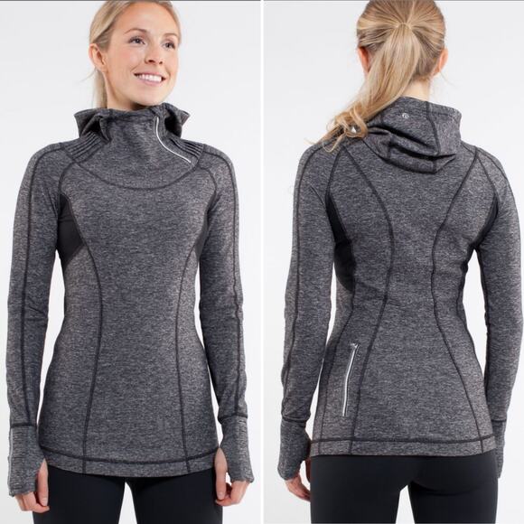 Lululemon Heathered Black Run Back On Track Pullover Hoodie Slim Fit Size 10 - Picture 1 of 15